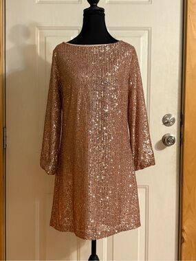 LOFT Rose Gold Sequin Shift Dress w/cutout back. Size 2